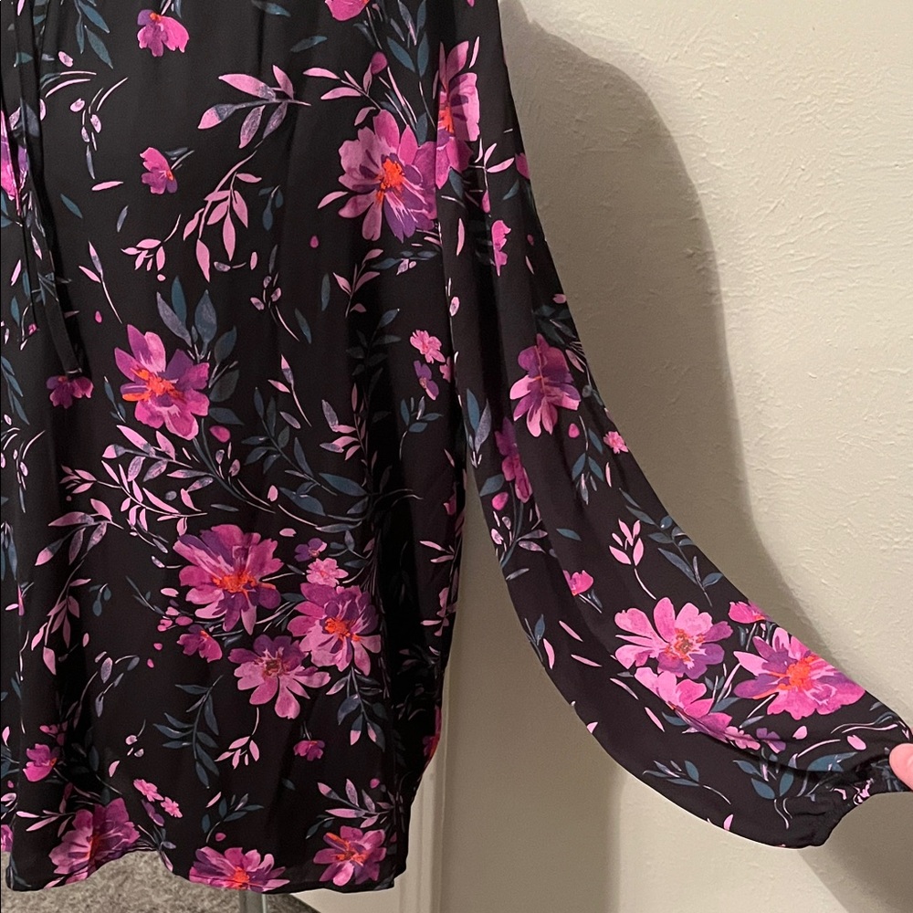 Counterparts Black and Pink Floral Long Sleeve Blouse V Neck Elastic Wrists | XL - Picture 6 of 12